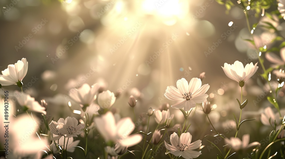 Fototapeta premium Airy, ethereal meadow with delicate flowers and a soft, magical mist, creating a light, otherworldly atmosphere, bathed in heavenly glow
