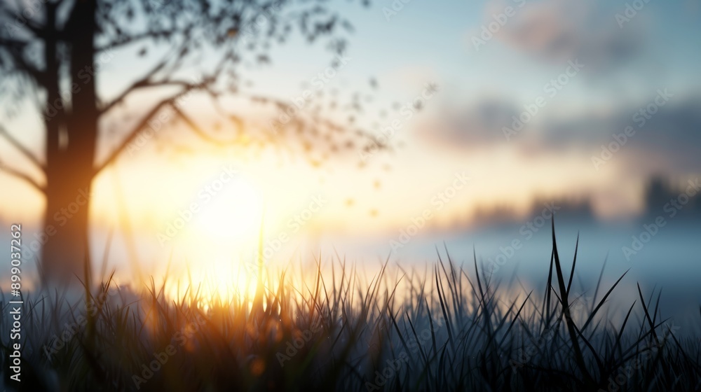 Fototapeta premium Serene meadow at dawn, magical mist rising from the ground, mythical creatures like phoenixes and elves, resting in an airy, peaceful environment