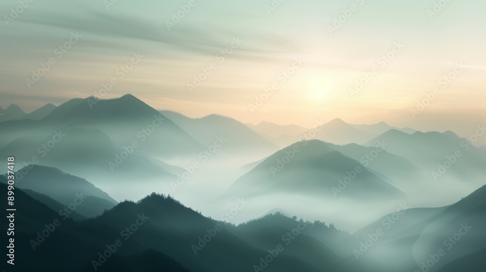 Fototapeta premium Magical mist enveloping serene hills, hidden pathways and ancient ruins, ethereal glow with a touch of fantasy, soft pastel colors and dreamy mood