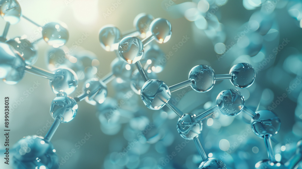 Scientific background, magnified molecular structure, background with bubbles, close up of water, water drops on blue Scientific background, magnified molecular structure, background with bubbles, close up of water, water drops on blue