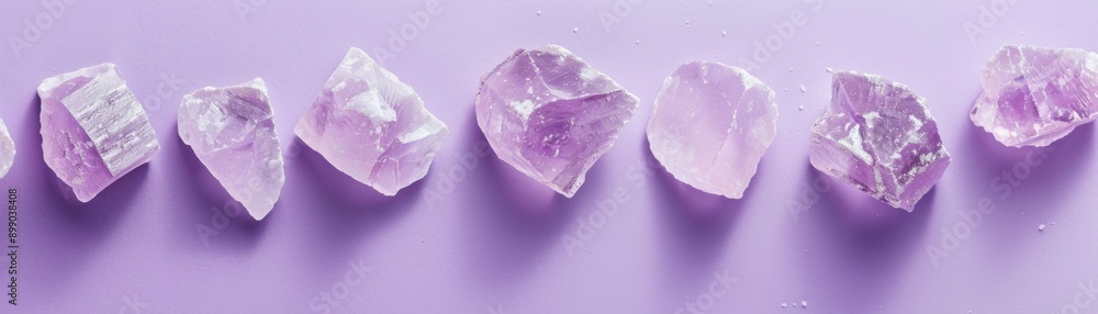 Sparkling Rock Salt Chunks Displaying Diverse Sizes and Shapes on Vibrant Purple Background Sparkling Rock Salt Chunks Displaying Diverse Sizes and Shapes on Vibrant Purple Background