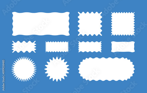 Set of frames in the form of squares and rectangles of various sizes with smooth zigzag edges. Vector illustration of blank white forms for writing text, photos, notes. Templates for design.