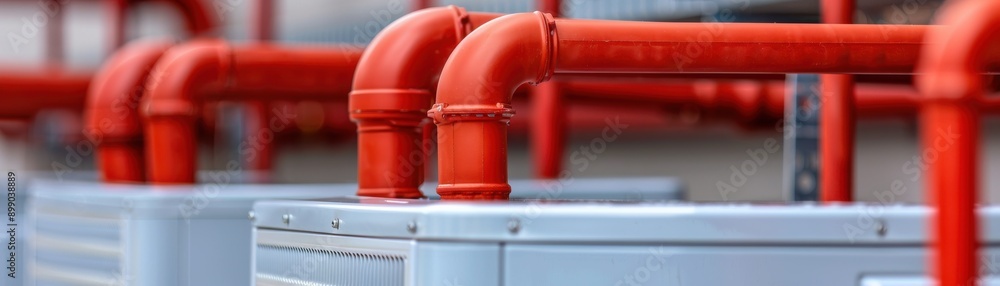 industrial piping system featuring red pipes and grey containers, highlighting modern engineering and design. industrial piping system featuring red pipes and grey containers, highlighting modern engineering and design.