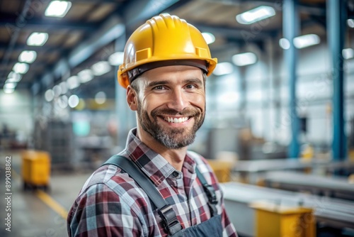 Portrait of a happy caucasian white male manufacturing worker or engineer, a senior professional engineer or foreman in the workplace