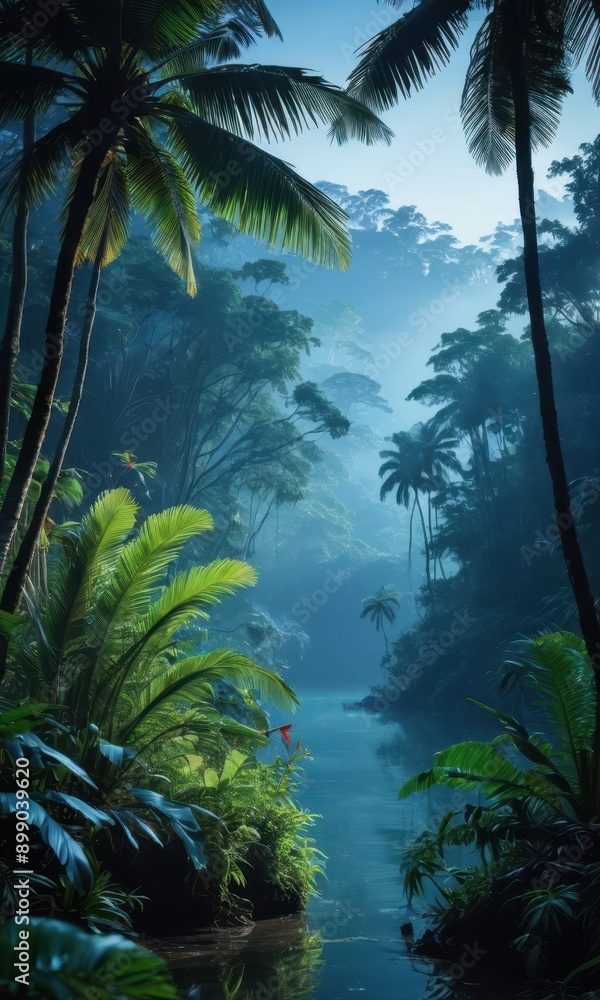 Lush Tropical Jungle with Mist and River. Lush Tropical Jungle with Mist and River.