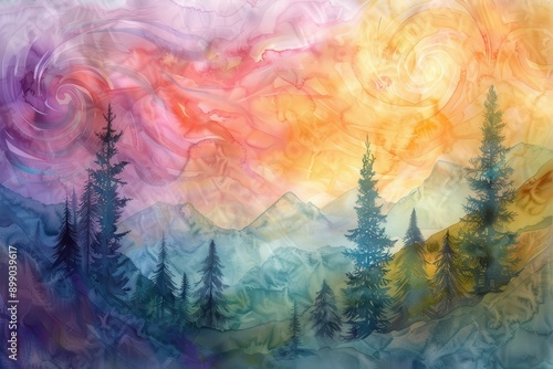 dreamy pastel landscape swirling watercolor sky abstract trees softedged mountains ethereal light delicate brushstrokes muted rainbow palette textured paper background photo