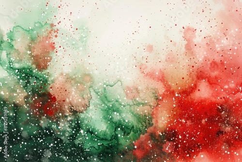 Abstract Christmas background with red and green watercolor splashes and glitter photo