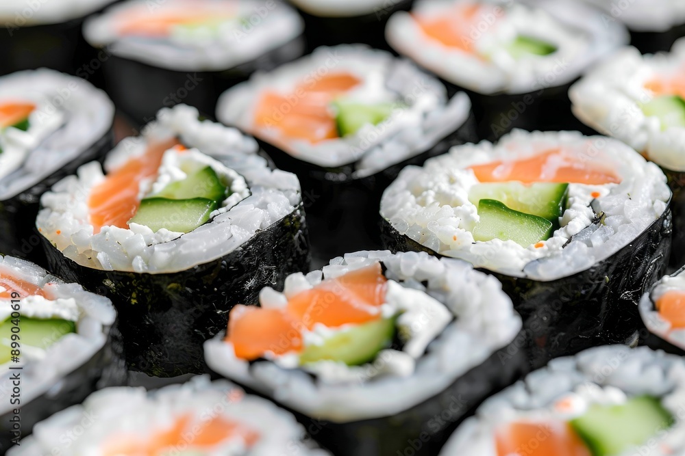Closeup of Delicious Salmon and Cucumber Sushi Rolls Closeup of Delicious Salmon and Cucumber Sushi Rolls
