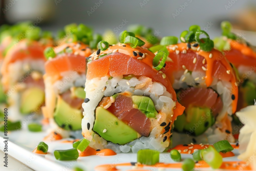 Close-up of Delicious Salmon Avocado Sushi Rolls Close-up of Delicious Salmon Avocado Sushi Rolls