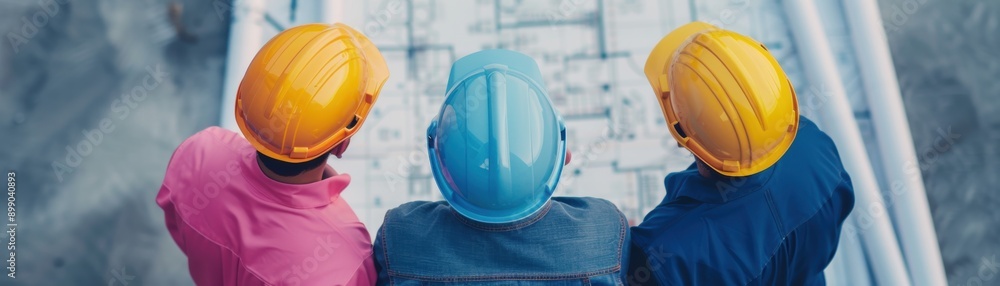 Three construction workers in hard hats reviewing blueprints on a construction site, planning a new building project. Three construction workers in hard hats reviewing blueprints on a construction site, planning a new building project.