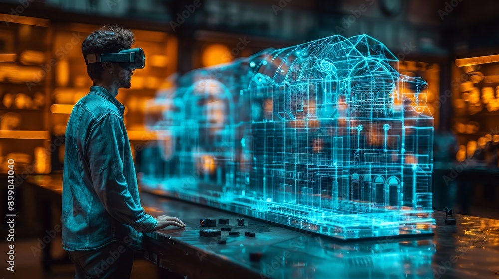 Architect in VR Glasses Analyzes Holographic Building Model on Table, Next to Ultra-Translucent Futuristic Structure, Luminous 3D Rendering Architect in VR Glasses Analyzes Holographic Building Model on Table, Next to Ultra-Translucent Futuristic Structure, Luminous 3D Rendering