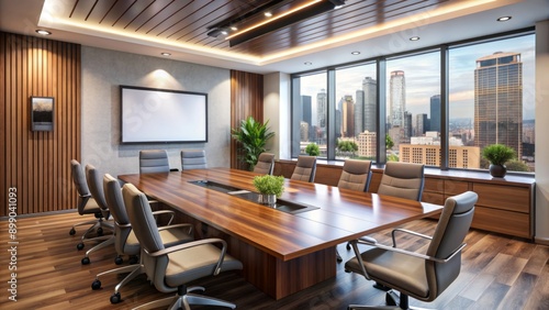 Wallpaper Mural Modern conference room with empty chairs, wooden table, projector screen, and framed pictures, evoking a sense of corporate synergy and collaborative decision-making. Torontodigital.ca