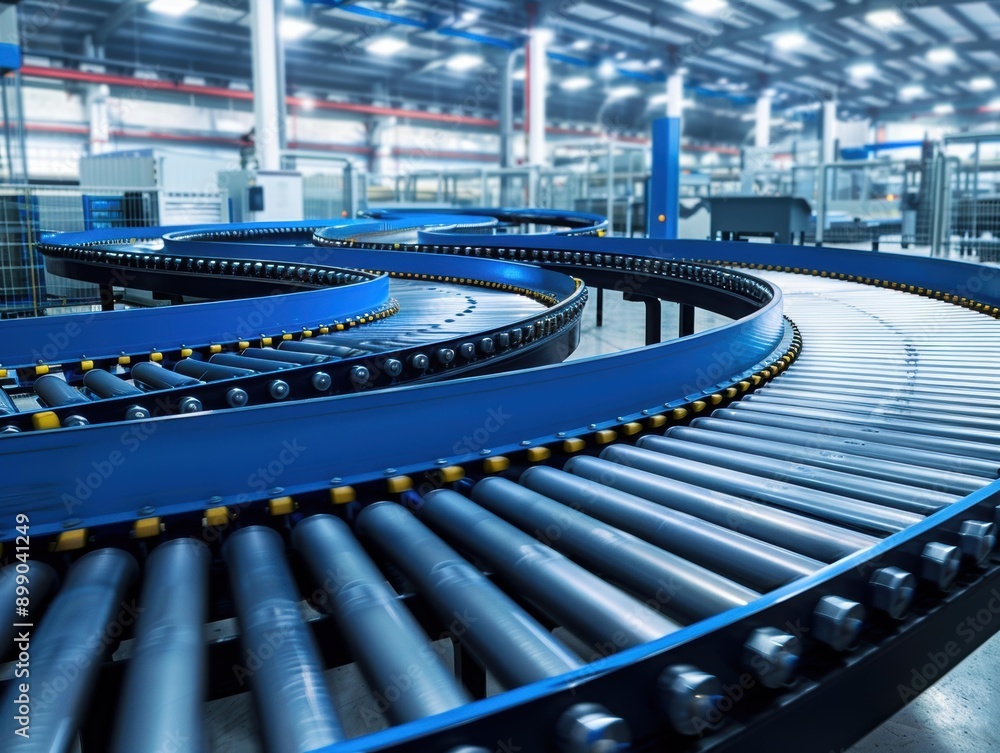 Fototapeta premium Conveyor belt system in a factory. AI.