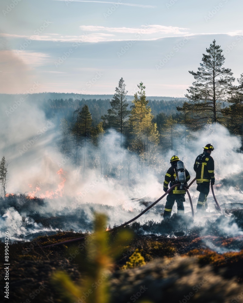 Fototapeta premium Firefighters battling a wildfire. AI.