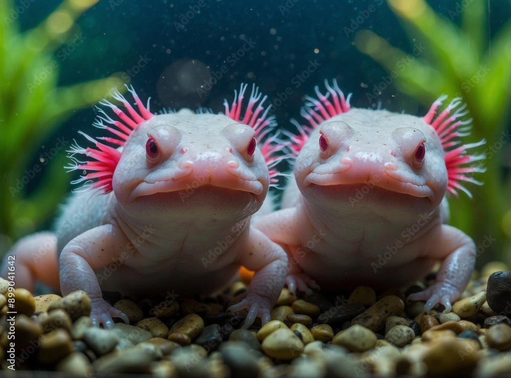 Two white amphibians with pink feathery gills. AI. Two white amphibians with pink feathery gills. AI.
