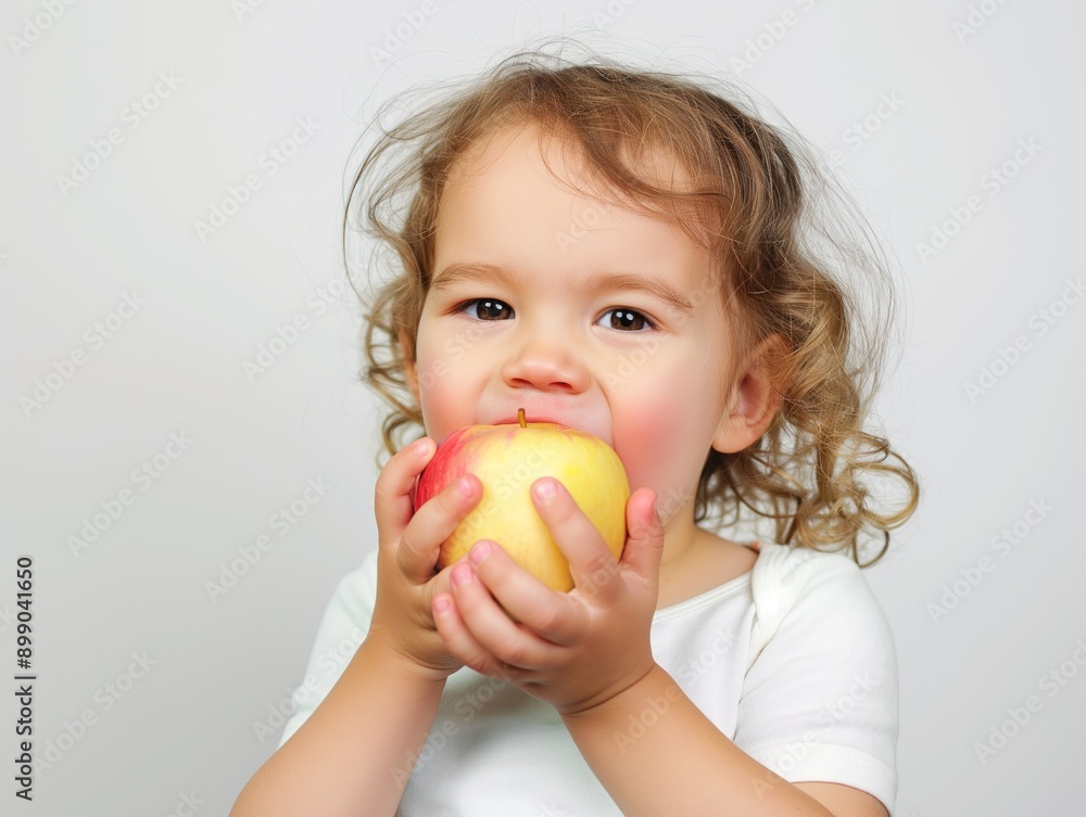 Criança comendo uma maçã, transmitindo a importância de uma alimentação saudável Criança comendo uma maçã, transmitindo a importância de uma alimentação saudável