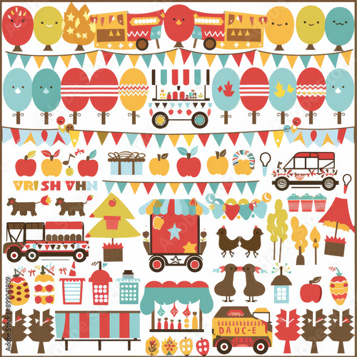 Vector illustration of fall festival items including handmade crafts, food stalls, apple baskets, and corn mazes, all isolated on a white background. 