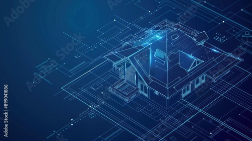 Wireframe House on Blue Background