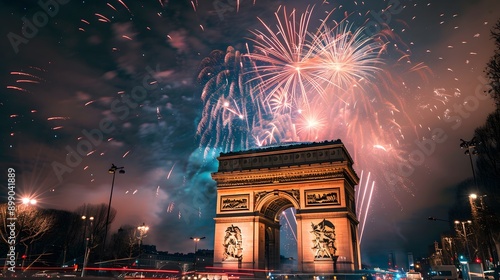 New Year fireworks display over the Arc de Triomphe in Paris. France
 photo