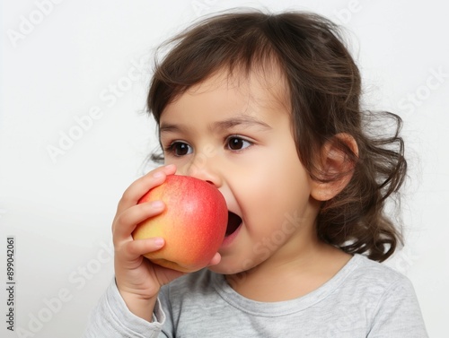 Criança comendo uma maçã, transmitindo a importância de uma alimentação saudável photo