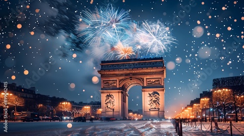 New Year fireworks display over the Arc de Triomphe in Paris. France
 photo