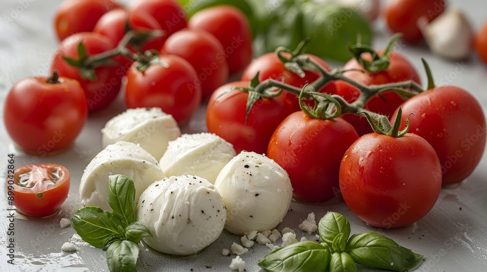 Fresh ingredients for making caprese salad, featuring juicy cherry tomatoes, soft mozzarella cheese, and fragrant basil leaves Fresh ingredients for making caprese salad, featuring juicy cherry tomatoes, soft mozzarella cheese, and fragrant basil leaves