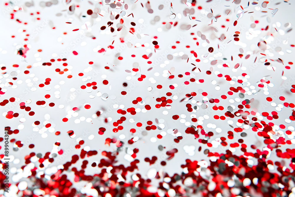 Dynamic red and white confetti on a broken white background with shiny glitter creating a festive atmosphere Dynamic red and white confetti on a broken white background with shiny glitter creating a festive atmosphere