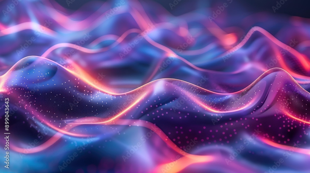 Obraz premium A vibrant 3D abstract representation of sound waves forming fluid, colorful shapes. Satin-like curves in hues of blue, purple, and pink with sparkling dots create a dynamic visual effect.