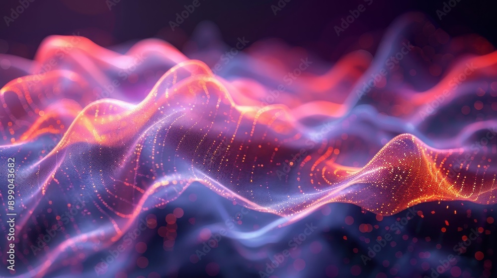 A vibrant abstract image depicting a 3D landscape formed by undulating waves with neon-like light points, creating a futuristic and mesmerizing visual effect. A vibrant abstract image depicting a 3D landscape formed by undulating waves with neon-like light points, creating a futuristic and mesmerizing visual effect.