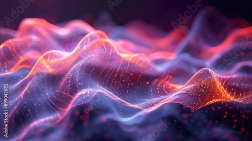 A vibrant abstract image depicting a 3D landscape formed by undulating waves with neon-like light points, creating a futuristic and mesmerizing visual effect.