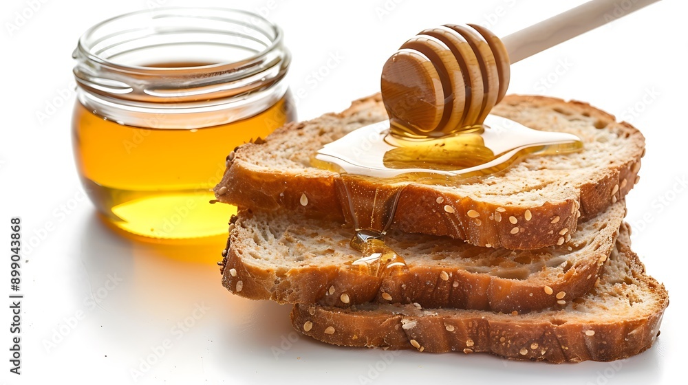 Honey Drizzling on Whole Grain Bread, Isolated on White Background, Generative AI. Photo Realistic Photo Honey Drizzling on Whole Grain Bread, Isolated on White Background, Generative AI. Photo Realistic Photo