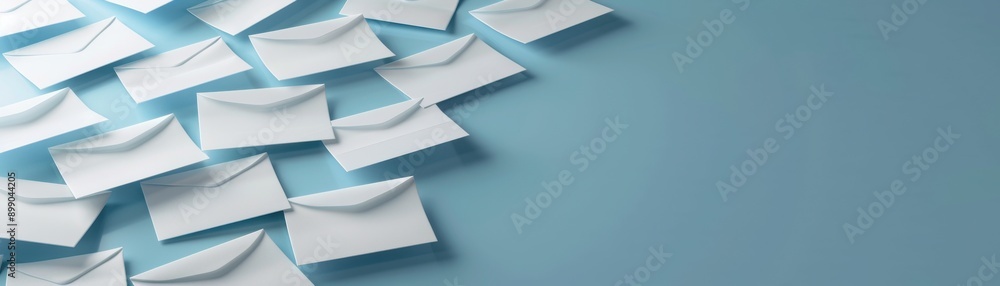 Obraz premium A collection of white envelopes scattered on a soft blue background, perfect for concepts of communication and correspondence.