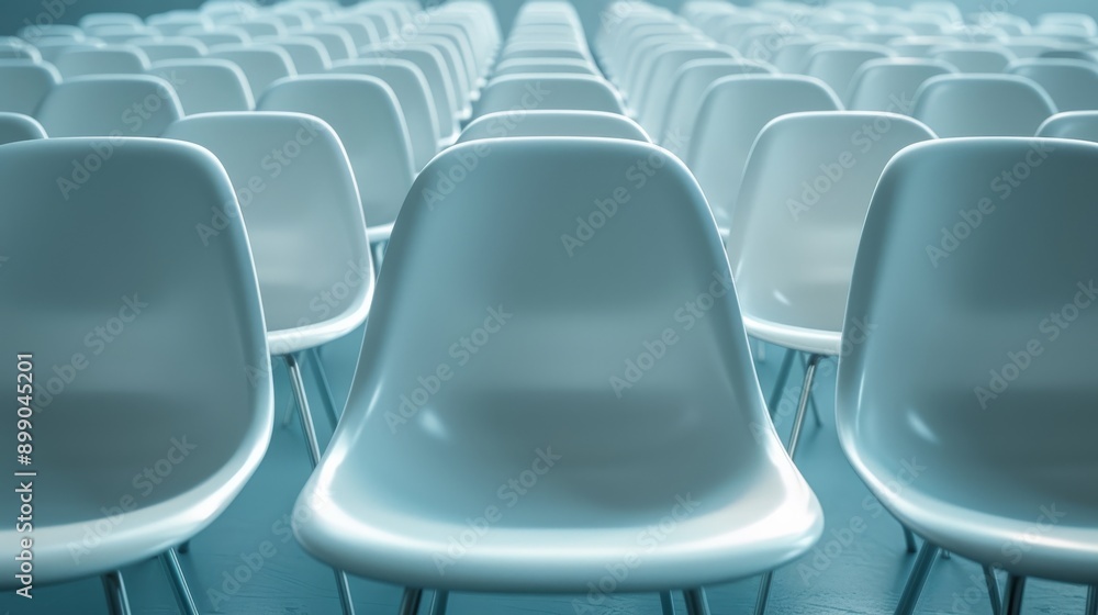 Naklejka premium Rows of empty white chairs are waiting for an audience in a modern conference hall