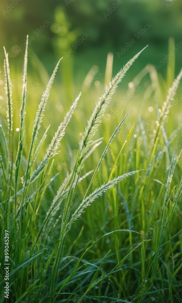 Obraz premium Dew Drops on Grass Blades in the Morning Sun.