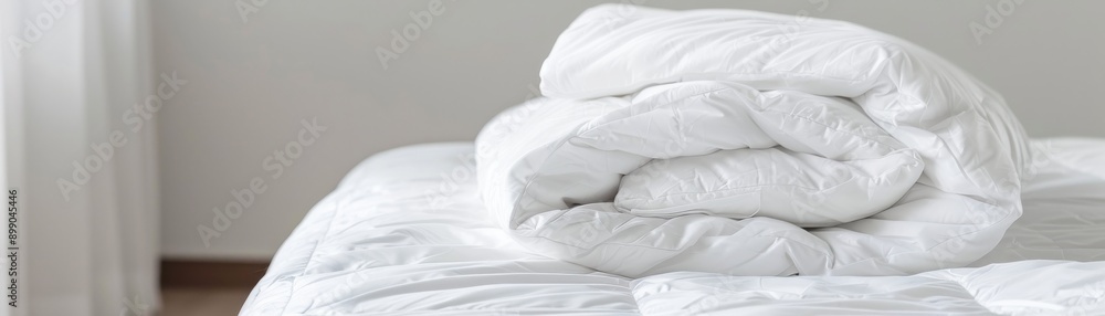 A soft, neatly folded white comforter resting on a cozy bed, creating a serene and inviting bedroom atmosphere. A soft, neatly folded white comforter resting on a cozy bed, creating a serene and inviting bedroom atmosphere.