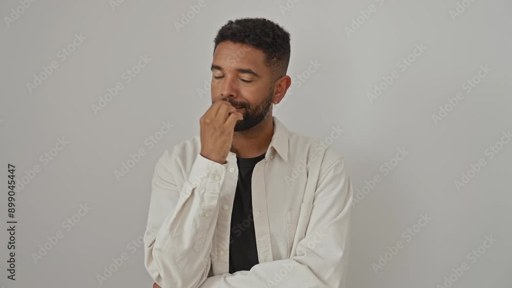 Stressed young african american man, standing isolated over white background, wearing shirt, looking nervous and biting his nails, showcasing anxiety problem Stressed young african american man, standing isolated over white background, wearing shirt, looking nervous and biting his nails, showcasing anxiety problem