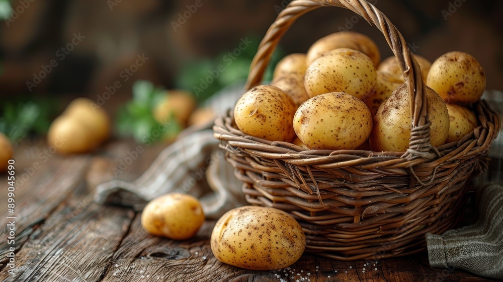 Rustic scene showcasing a wicker basket overflowing with freshly harvested potatoes, highlighting the natural beauty and abundance of the harvest Rustic scene showcasing a wicker basket overflowing with freshly harvested potatoes, highlighting the natural beauty and abundance of the harvest