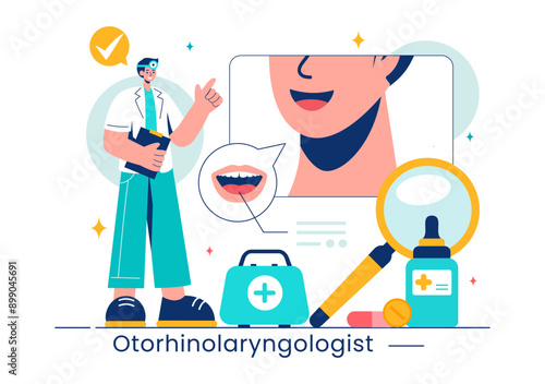 Vector Illustration of an Otorhinolaryngologist in a Healthcare Setting, Relating to Medical Issues of the Ear, Nose and Throat in a Flat Background