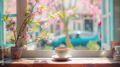 Coffee cup by a window with a view of a bright spring day, creating a refreshing and serene morning scene
  Seamless looping 4k time-lapse virtual video animation Generated AI