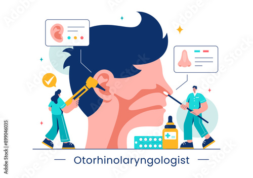 Vector Illustration of an Otorhinolaryngologist in a Healthcare Setting, Relating to Medical Issues of the Ear, Nose and Throat in a Flat Background