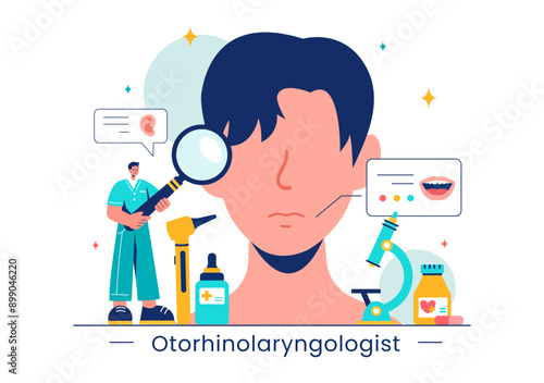 Vector Illustration of an Otorhinolaryngologist in a Healthcare Setting, Relating to Medical Issues of the Ear, Nose and Throat in a Flat Background