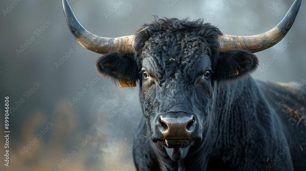 Naklejka premium Majestic bull is staring intensely with large horns, showcasing its power and presence on a farm