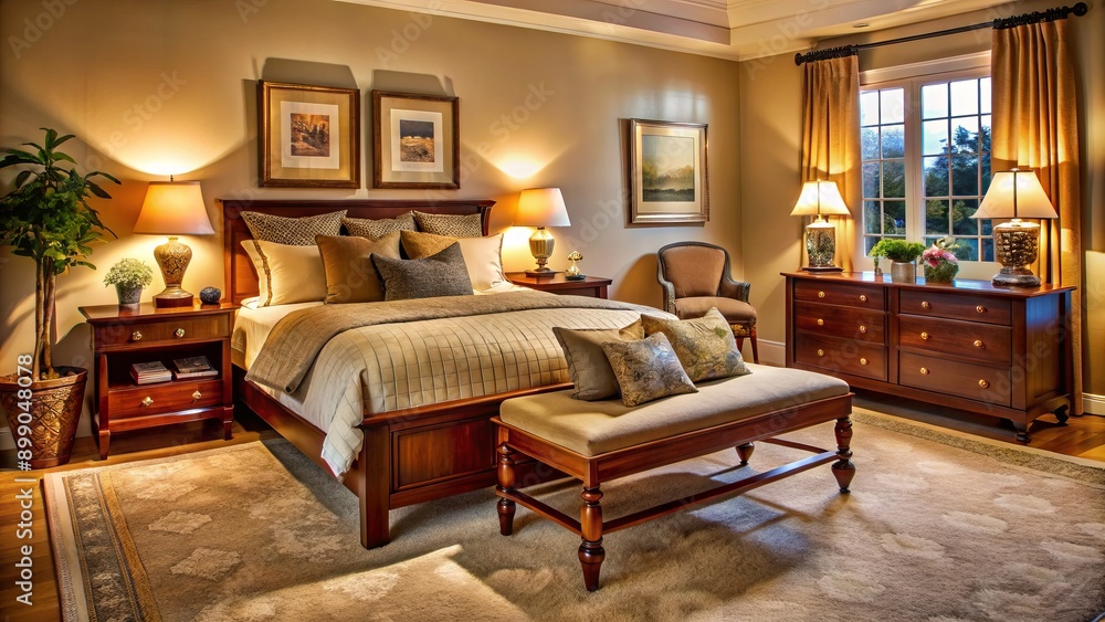 Cozy bedroom sanctuary features plush carpet, rich wood tones, and soothing warm colors illuminated by soft, golden table lamps. Cozy bedroom sanctuary features plush carpet, rich wood tones, and soothing warm colors illuminated by soft, golden table lamps.
