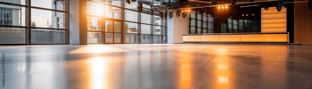 Obraz premium Bright and modern event space featuring a polished floor with warm light reflections and large windows showcasing a vibrant atmosphere.