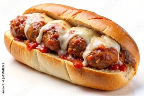 Wallpaper Mural Juicy garlic beef meatball sub smothered in rich marinara sauce and melted mozzarella cheese on a soft bun, isolated on a clean white background. Torontodigital.ca