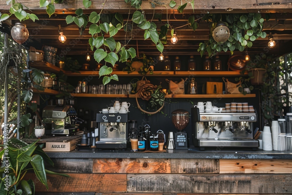 Rustic Coffee Shop Counter with Greenery and Espresso Machines Rustic Coffee Shop Counter with Greenery and Espresso Machines