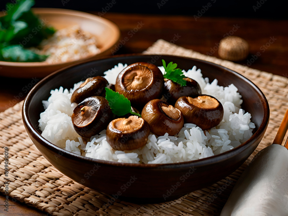 A dish of soy-marinated shiitake mushrooms served with a side of steamed jasmine rice. A dish of soy-marinated shiitake mushrooms served with a side of steamed jasmine rice.