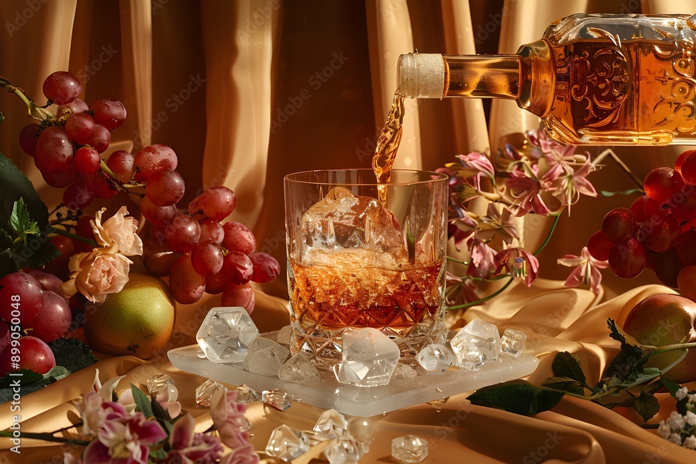 Liquor is being poured into an empty glass surrounded by ice on a table with grapes and flowers. Liquor is being poured into an empty glass surrounded by ice on a table with grapes and flowers.