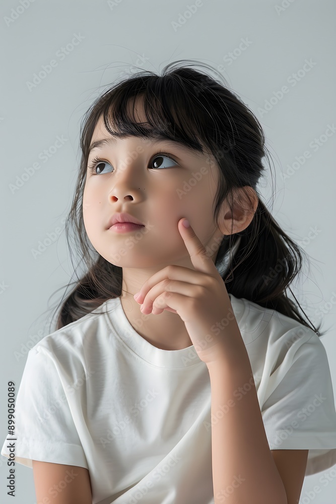 Little child thinking with hand on chin wearing t-shirt in studio on white background Little child thinking with hand on chin wearing t-shirt in studio on white background