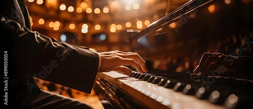 A pianist performing passionately on the grand piano in a famous competition.